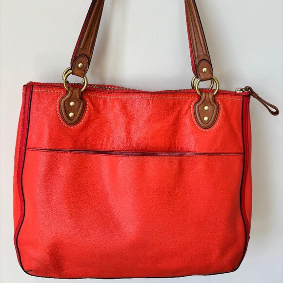 Coach 22430 Poppy Vermillion Shoulder Tote Bag Sun Orange Leather with Tan Trim - Picture 2 of 10